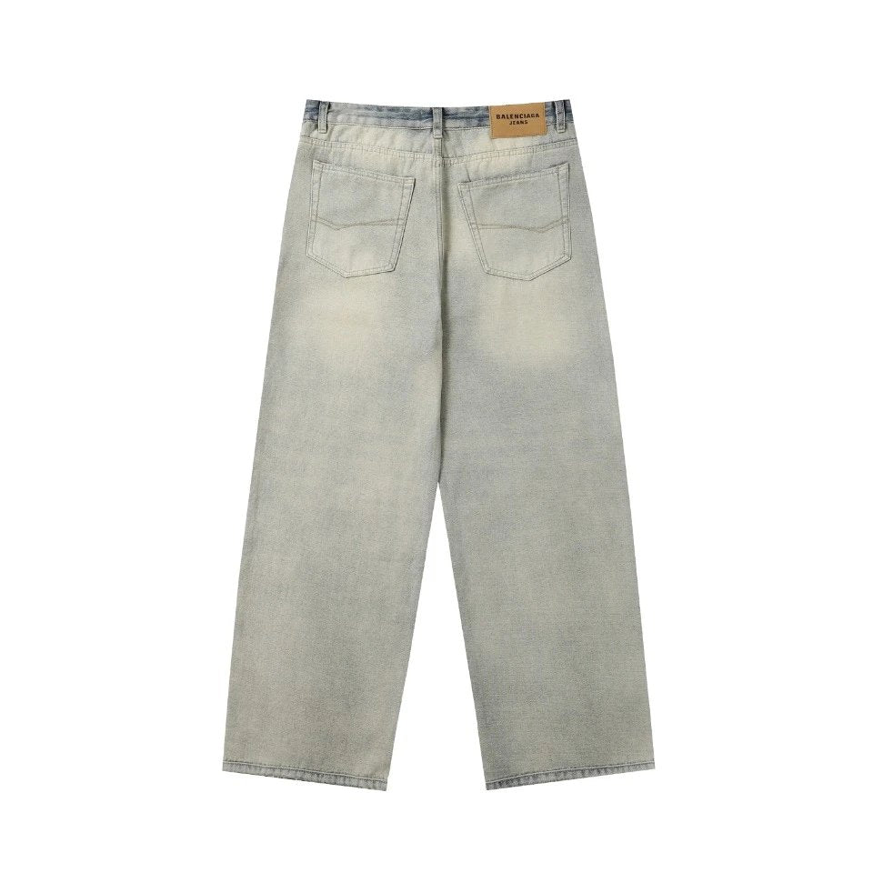 Balenciaga Jeans Blue Wash Heavy Industry Jeans Straight Wash Blue Jeans Autumn Winter New Unisex Long Pants Loose Casual Wide Leg High Waist