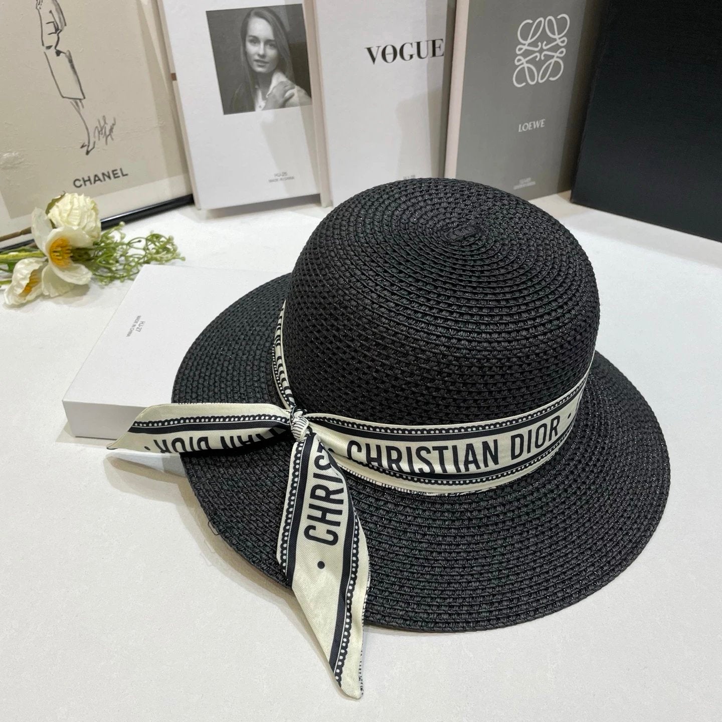 Dior Hat Bow logo Fisherman Hat Straw Hat Casual Sun Protection Plain Face Covering Sunshade Outdoor UV Protection Versatile Flat Top Bucket Hat