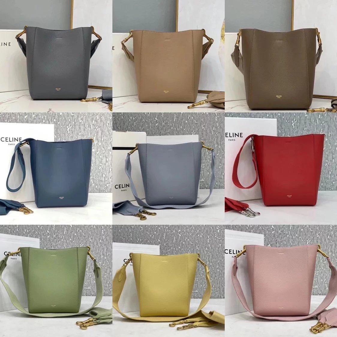 Celine women's bag Top version 【】SangleBucket Small Size Bucket Classic Lychee Grain Surface Cow Leather Wide Shoulder Strap Bucket Bag Shopping Bag Shoulder Women's Corssbody Bag