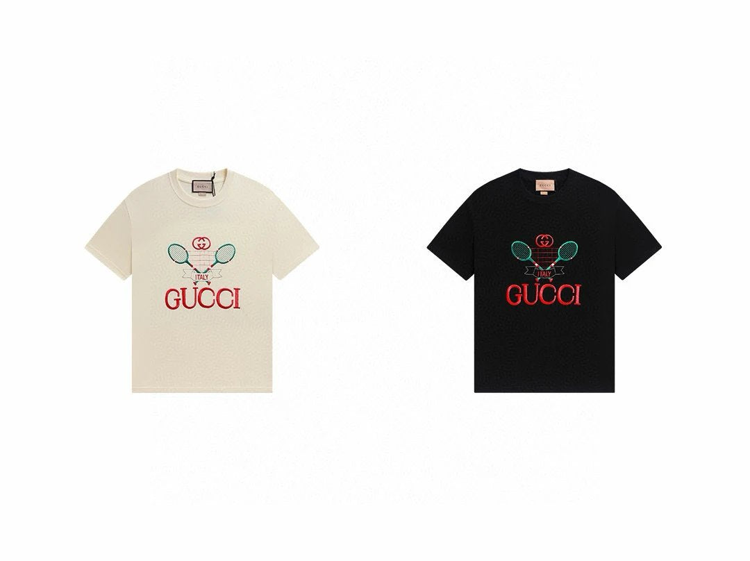 Gucci T-shirt Chest Badminton Racket Print logo round Neck Short Sleeve25ss New pure cotton T Unisex T-Shirt OS Drop Shoulder Loose Fit Base Shirt Top T-Shirt Short Sleeve