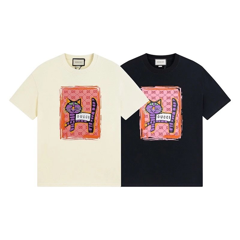 Gucci T-shirt Chest Cat Pattern Print logo round Neck Short Sleeve25ss New Pure Cotton Unisex Style T T-shirt OS Loose Fit Base Shirt Top Half Sleeve T-Shirt