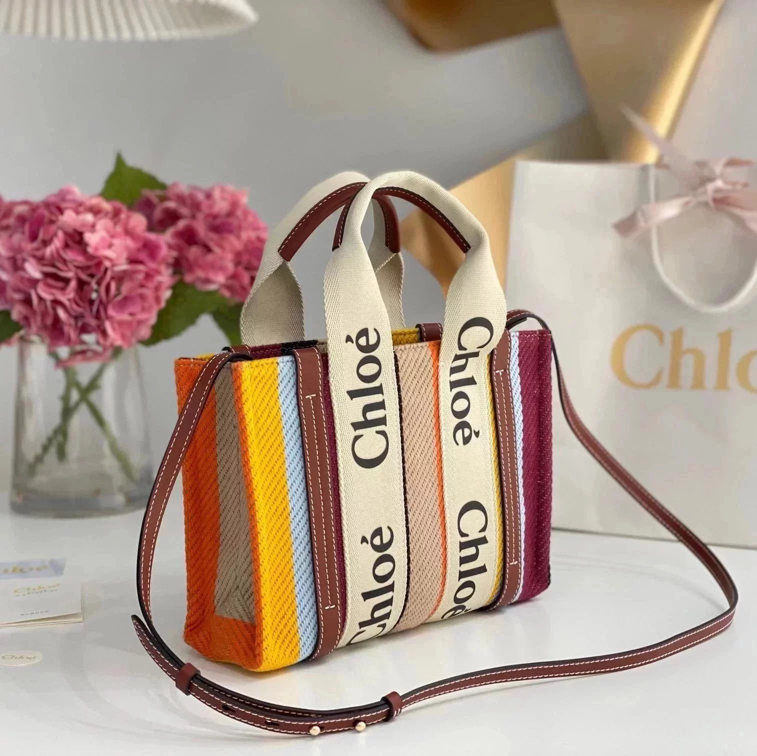 Chloe Bag Top version 【Original Leather】2022S New Rainbow Color Series Woody Handmade Embroidered Tote Bag Tote Bag Shopping Bag Vegetable Basket Bag Small Size Crossbody Bag Mummy Bag Beach Bag woody Tote Bag