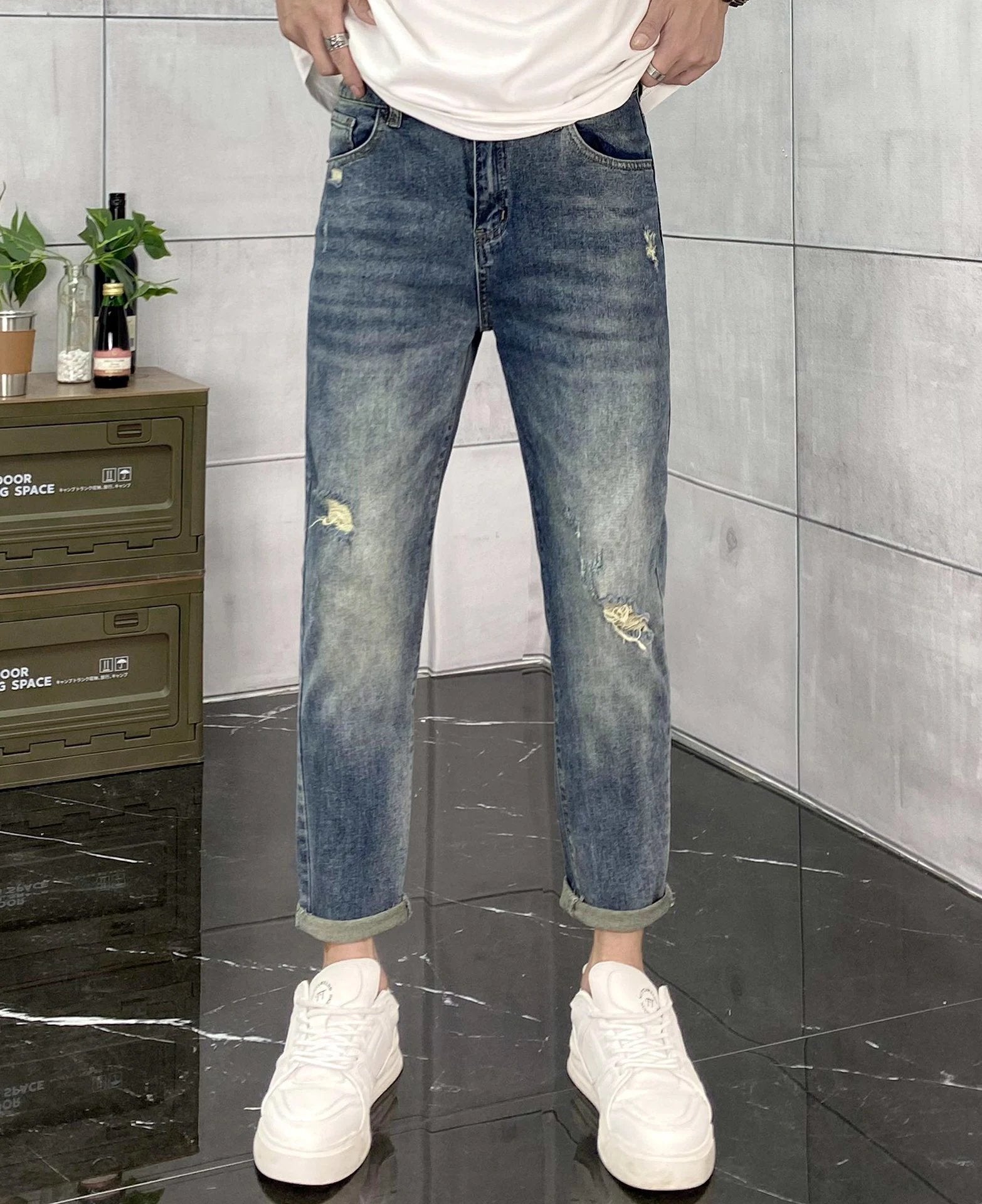 Dior Jeans Back Waist Presbyopic Leather Tag logo Ripped Straight-Leg Washed Blue Jeans Autumn Winter New Unisex Straight-Leg Long Pants Loose Casual Wide-Leg High Waist