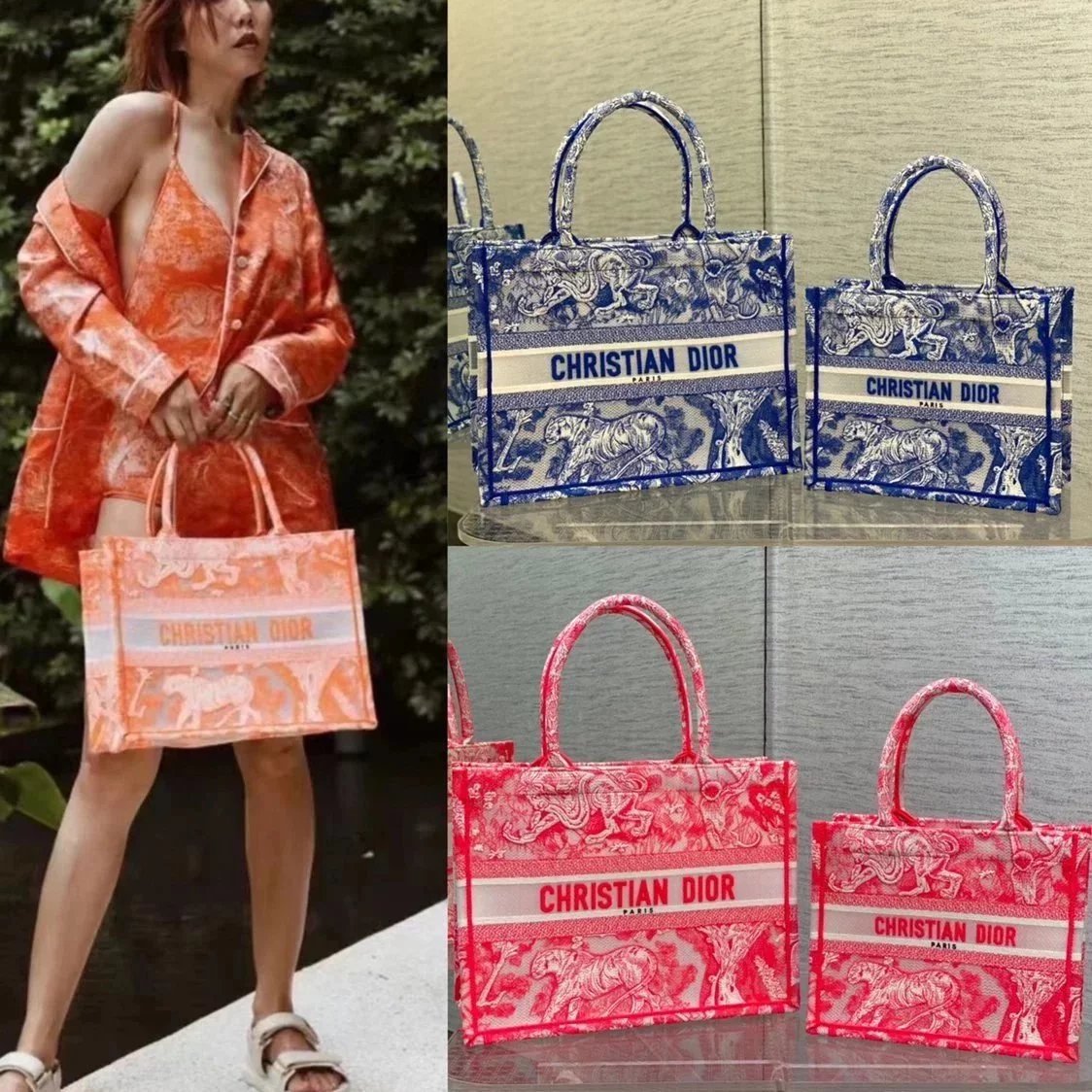 Dior Women's Bag Top version 【】2022Spring and Summer New booktote Bag T Ruyi Printed Latest Hollow Fluorescent Color Shopping Bag Beach Bag Crafted with Transparent Effect Canvas Exquisite Tiger Jungle Embroidery Bag New Women Bag Shopping Bag Mummy Bag M