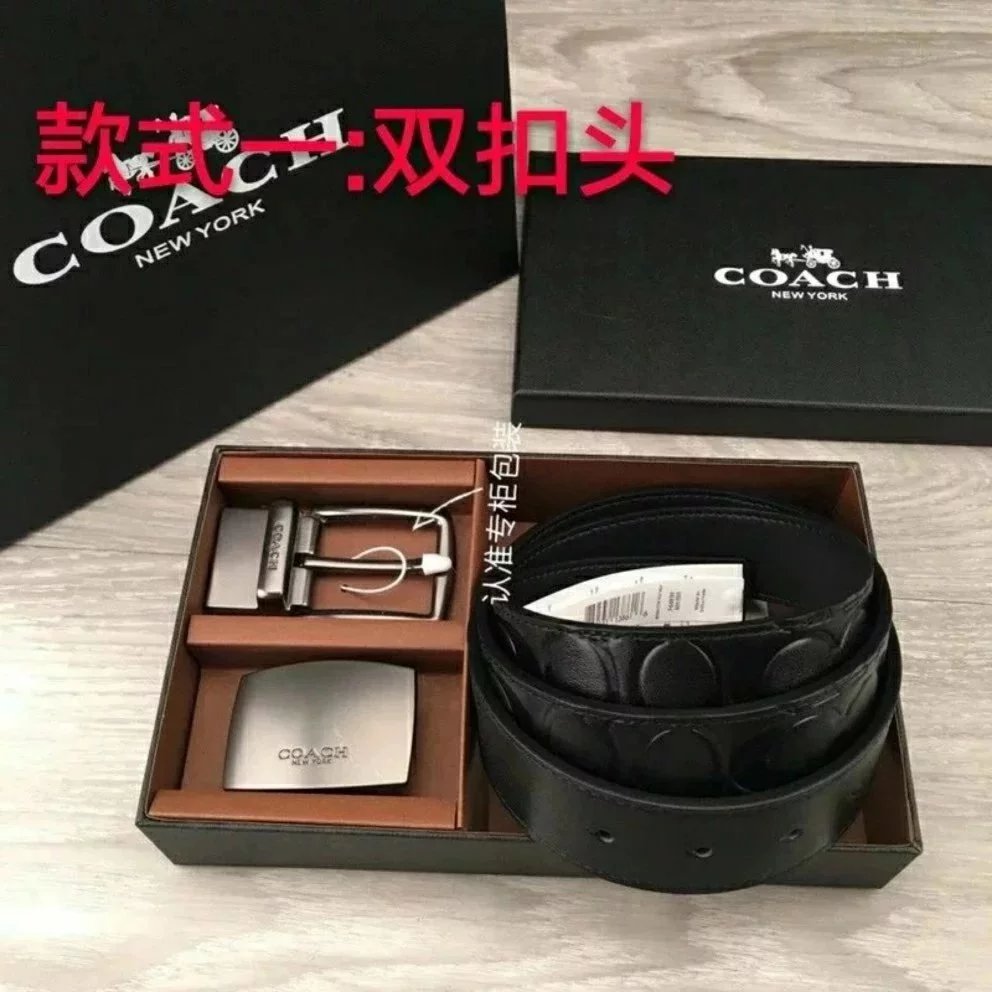 COACH Belt Top version New Full Set Men's Double-Sided Belt Business Casual All-Match Pin Buckle Smooth Buckle Casual Belt Men's and Women's All-Match Trouser Belt