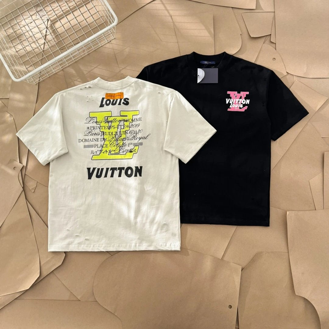 Louis Vuitton LV T-shirt Front Distressed Letter Print logo round Neck Short Sleeve25ss New Pure Cotton Unisex Style T Casual T-Shirt Base Layer Shirt OS Loose Fit Half Sleeve Top Plus Size