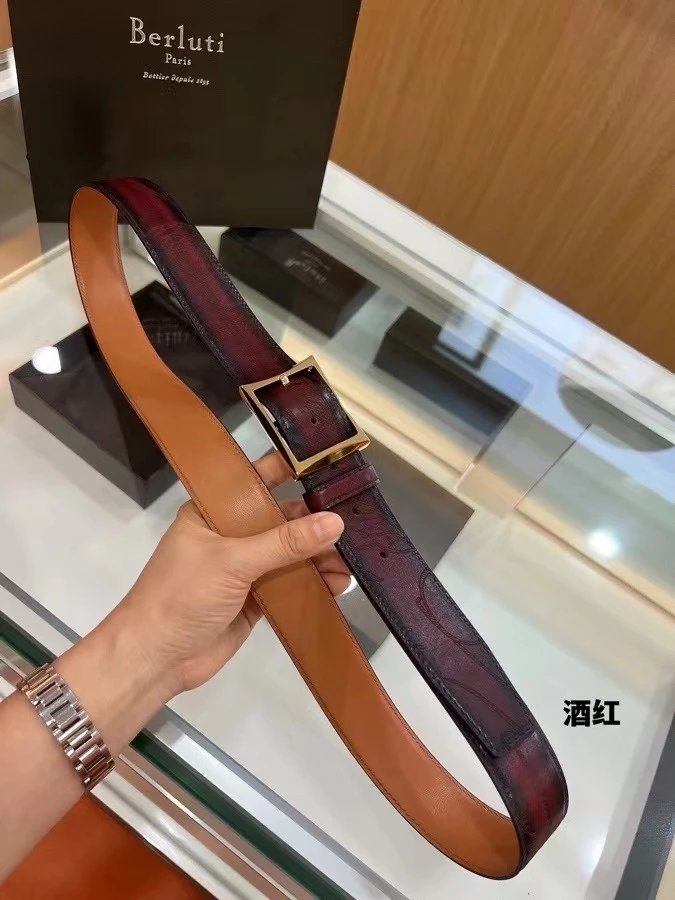 Berluti Belt Top version Original Single Men's New High-End Double-Sided Belt Waist Belt Pure Steel Rotating Pin Buckle Buckle Double-Sided Two-Color Totem Carving Carved Genuine Leather35mm Full Package Belt Men