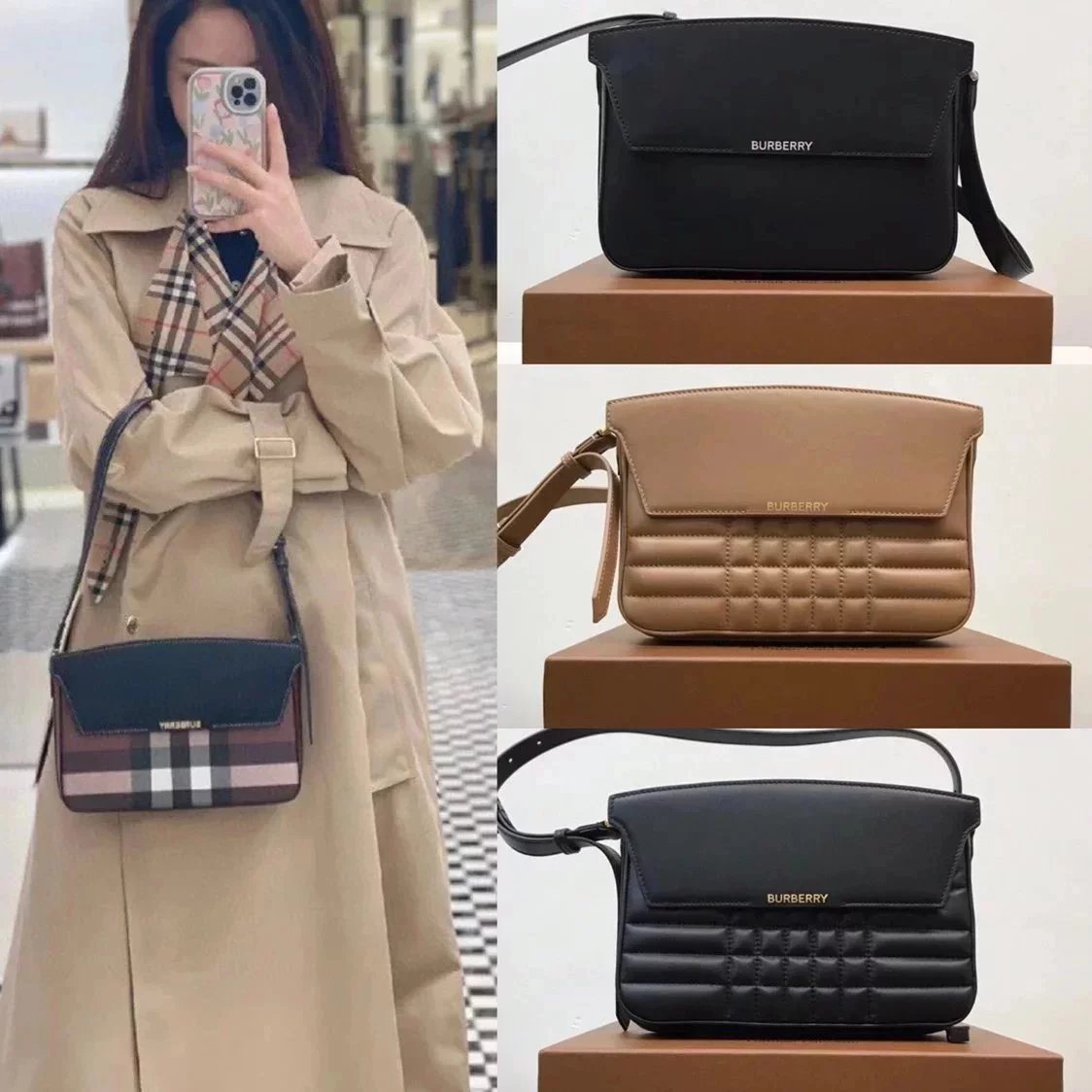 Burberry Women's Bag Top version 【Original Custom】New Catwalk Catherine Embossed Logo Magnetic Snap Flap Closure Plaid Cowhide Decorative Shoulder Messenger Bag Women's Bag Women's Bag