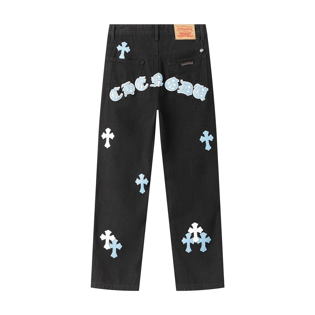 Chrome Hearts Jeans Limited Jeans Autumn and Winter New Men's and Women's Same Straight Long Pants Loose Casual High Waist