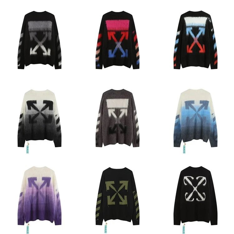 OFF-White Sweater Top Version Verified Quality Sweater Pullover Black and White Arrow Gradient Mohair Autumn and Winter Rendering Knitted Men and Women