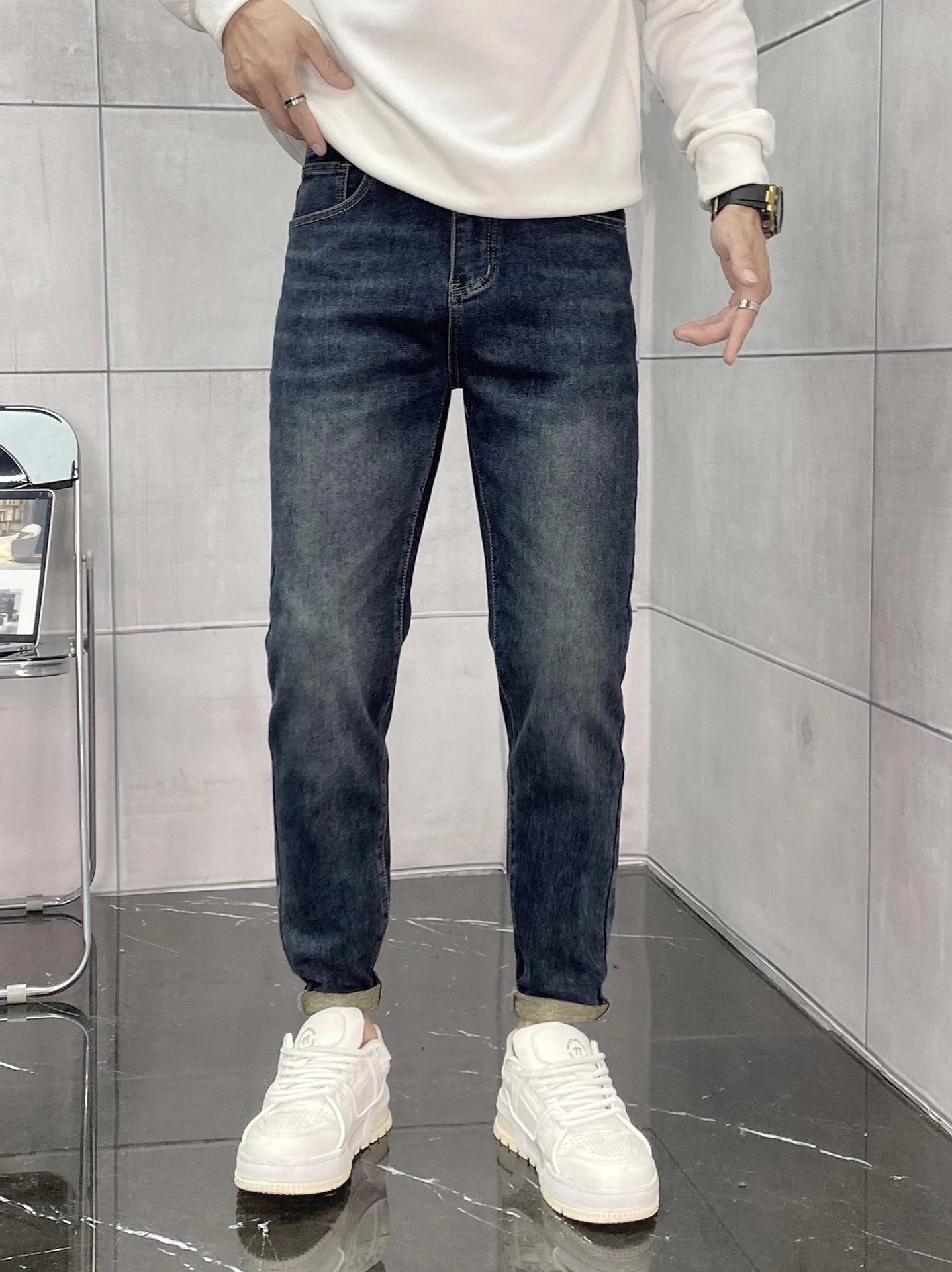 Armani Jeans Back Waist Leather Tag logo Straight Washed Blue Jeans Autumn Winter New Unisex Loose Casual Wide Leg High Waist Pants