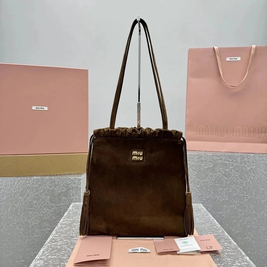 Miu Miu Bag Top version 【Exclusive Release of the Highest Edition】Autumn and Winter New Suede Lucky Bag Tote Bag Tassel Tote tote Handbag Women's Bag Latest Counter Style Drawstring Tassel Bag Lucky Bag Model No.：5714