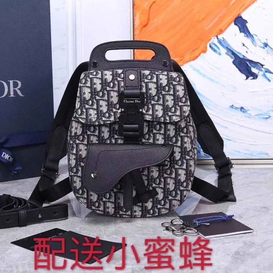 Dior Backpack Top version Homme Small Size Backpack Jacquard Presbyopic Mini Schoolbag Saddle Bag Pairs Backpack Black Grain Side Touch Calfskin Backpack Men's and Women's Bags