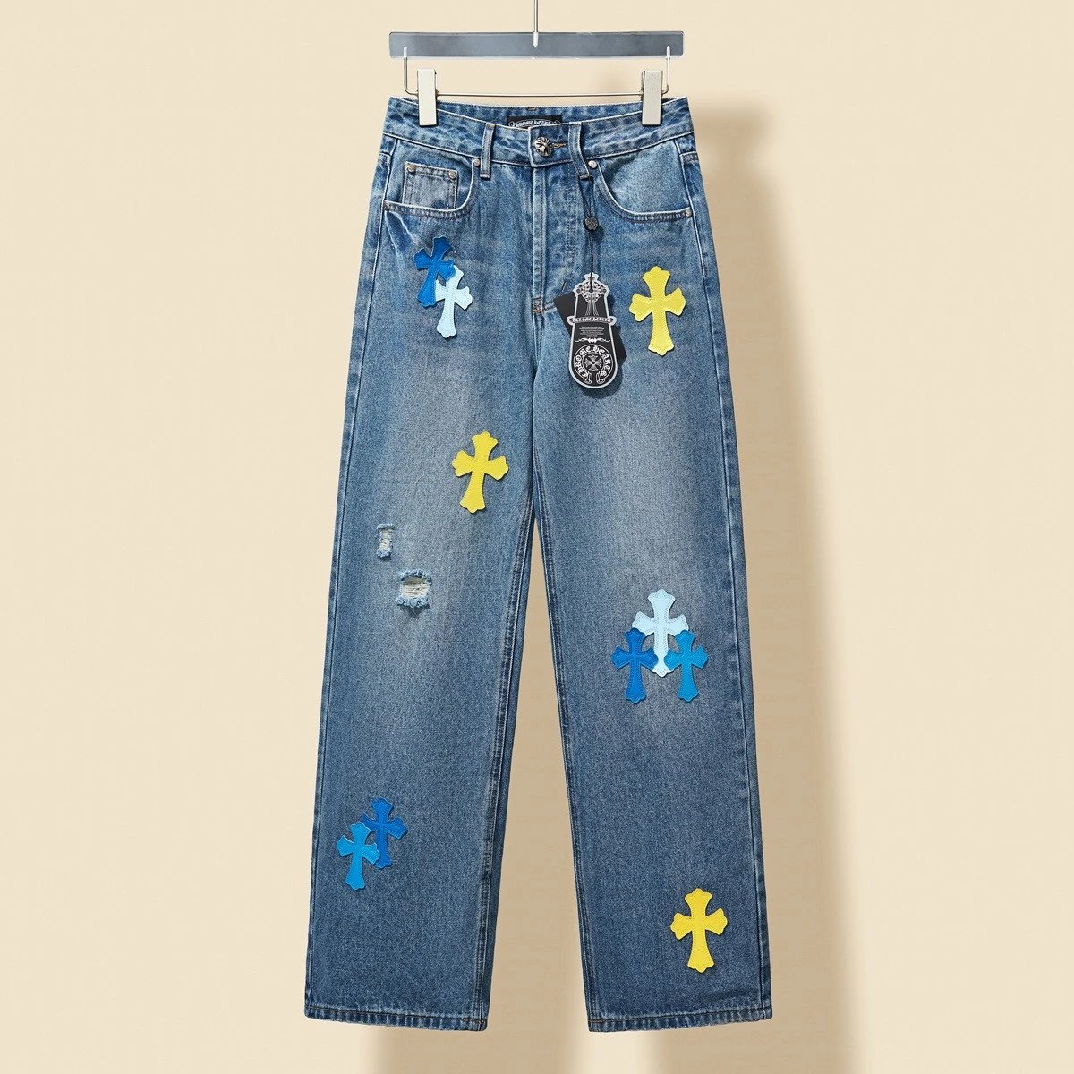 Chrome Hearts Jeans Classic Candy Color Cross Denim Pants Vintage Blue Washed Women's Versatile Casual