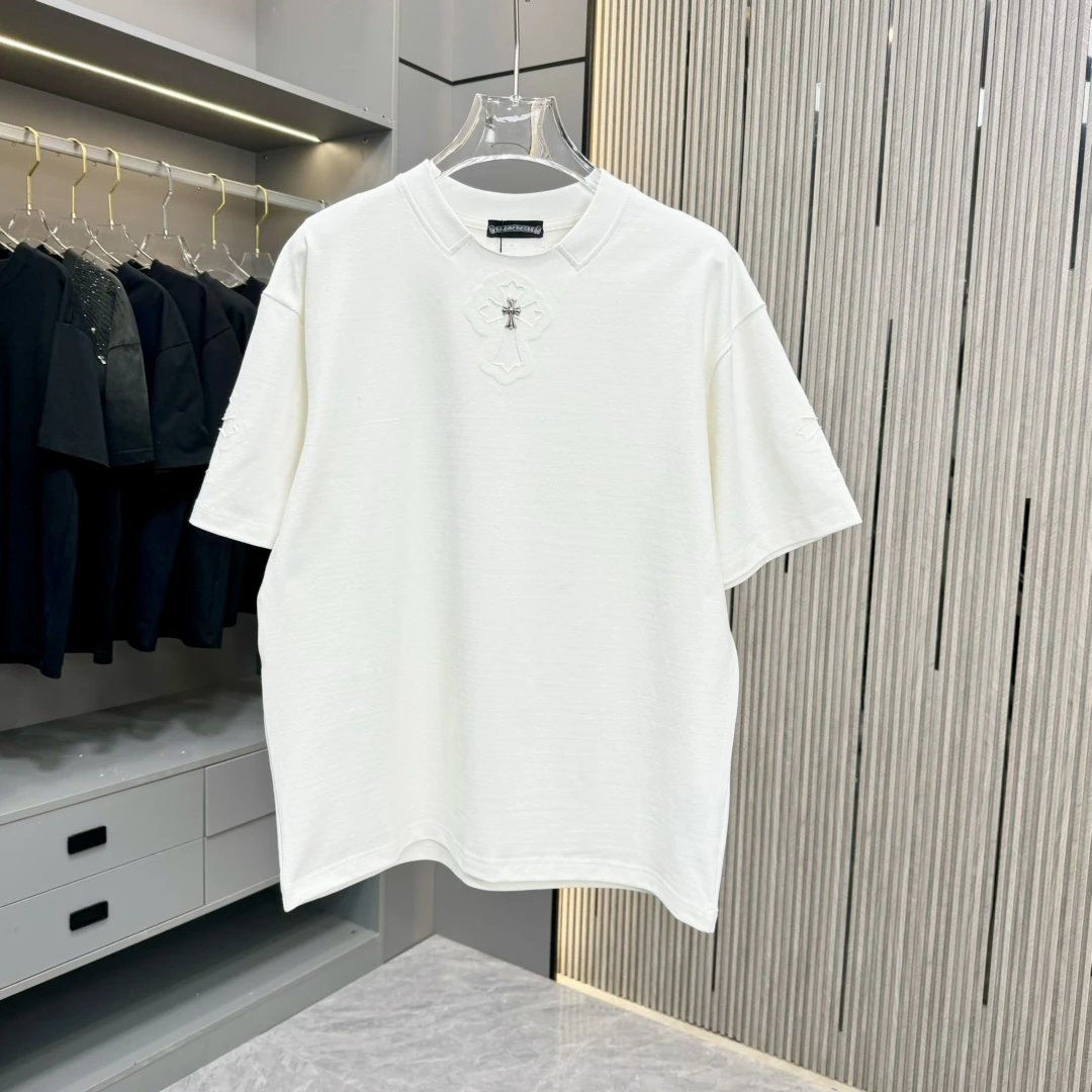 Chrome Hearts T-shirt Embroidered Hollow Design with Handmade Hardware logo round Neck Short Sleeve25ss New pure cotton T Unisex T-Shirt OS Drop Shoulder Loose Fit Base Shirt Top T-Shirt Short Sleeve