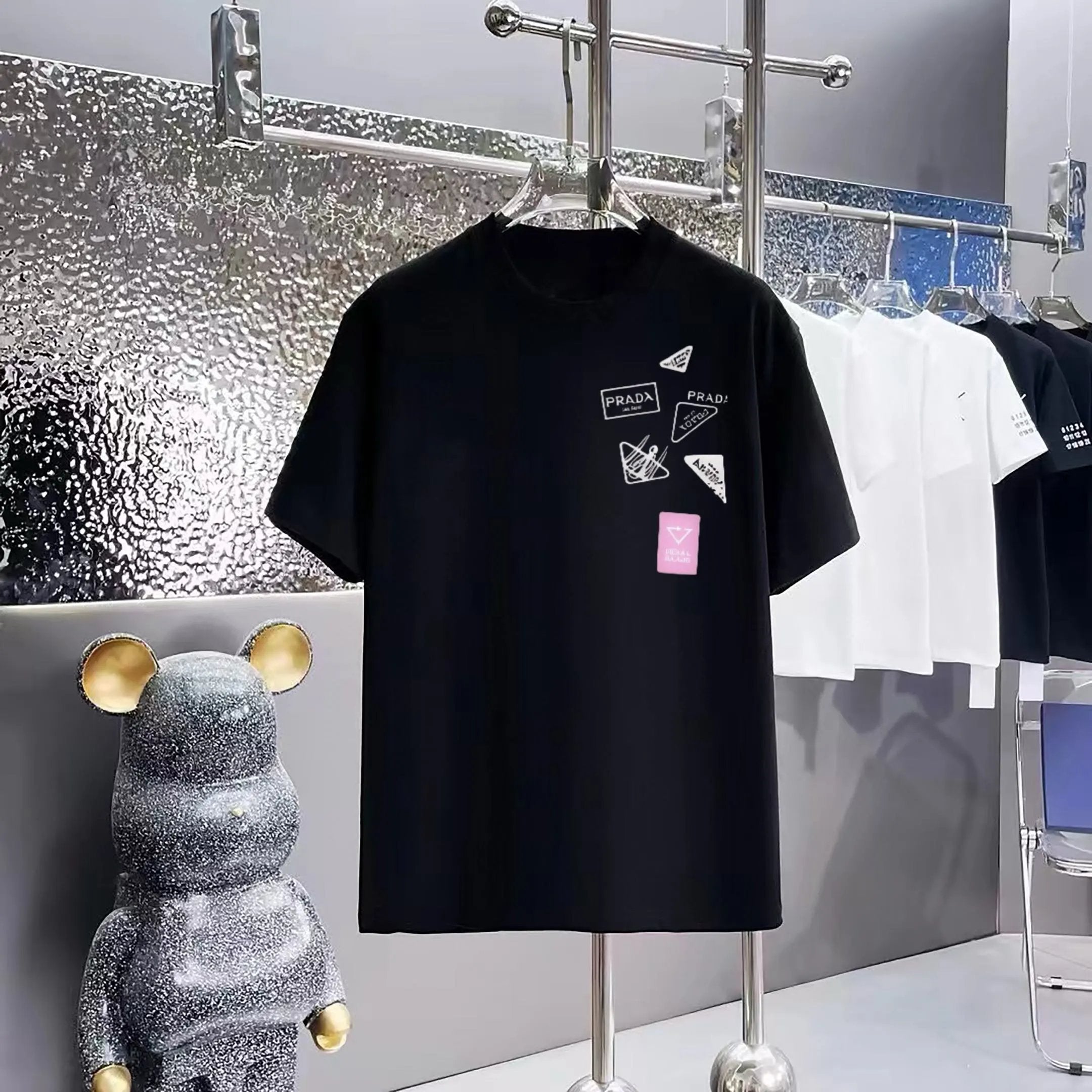 PRADA T-shirt Square Pattern Print on the Chest logo round Neck Short Sleeve25ss New Pure Cotton Unisex Style T Casual T-Shirt Base Layer Shirt OS Loose Fit Half Sleeve Top Plus Size