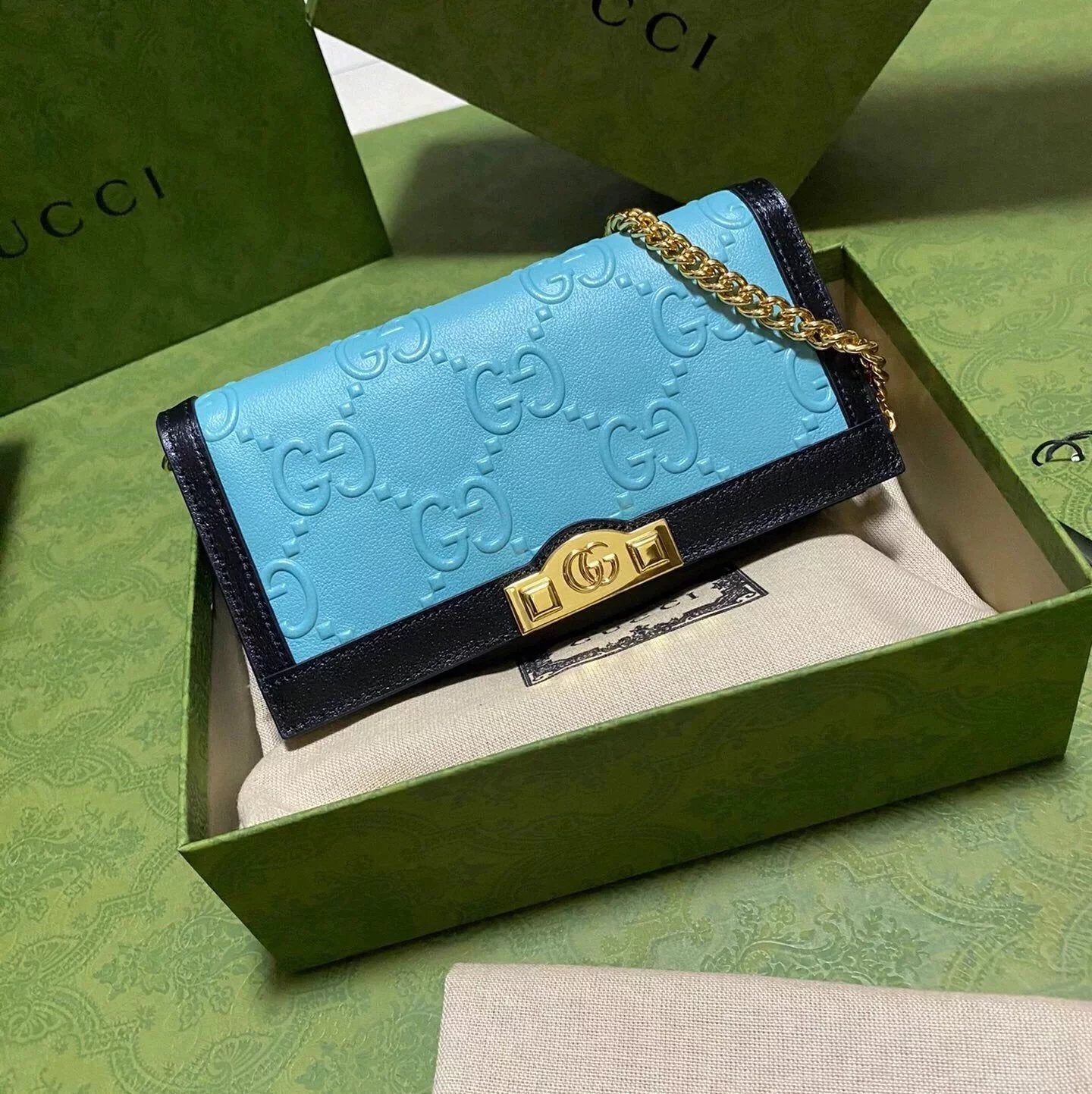 Gucci Wallet Top version 【Genuine Goods Leather Products】2022New WOC Envelope Package Chain Bag Long Wallet Brand New Cowhide Embossed Double Glogo Long Wallet Unisex Wallet