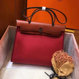 Hermes men's bag Top version 【H Handmade】Canvas Bag herbag31Canvas Stitching Leather One Shoulder Women's Crossbody Handbag Elephant Gray Electric Light Blue