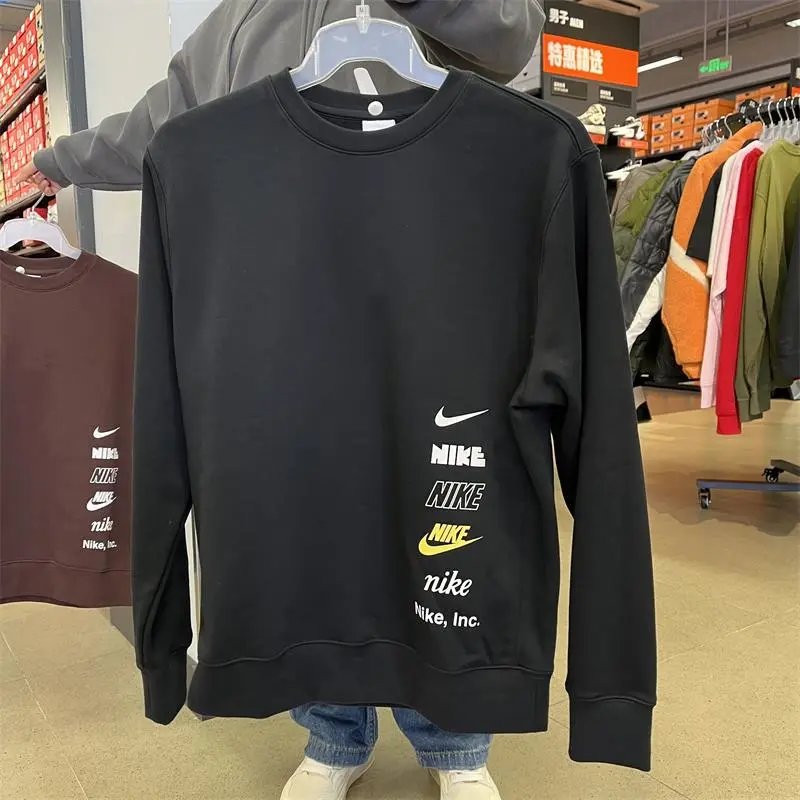 Nike Men's Crew Neck Pullover Autumn and Winter Fleece-lined String Label Sports Leisure Warm Sweater DX0782-010