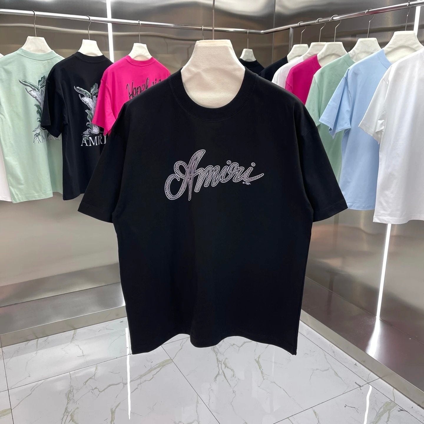 Amiri T-shirt Chest Signature Letter Printing logo round Neck Short Sleeve25ss New pure cotton T Unisex T-Shirt OS Drop Shoulder Loose Fit Base Shirt Top T-Shirt Short Sleeve