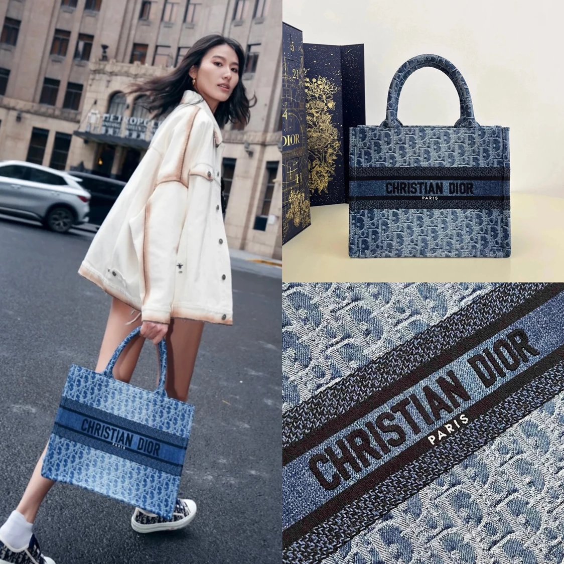 Dior Women's Bag Top version 【New Product Launch】2024New tote Denim Gradient Series Small Size Medium Large Shopping Bag Tote Bag Shoulder Underarm Bag Mummy Bag Handbag