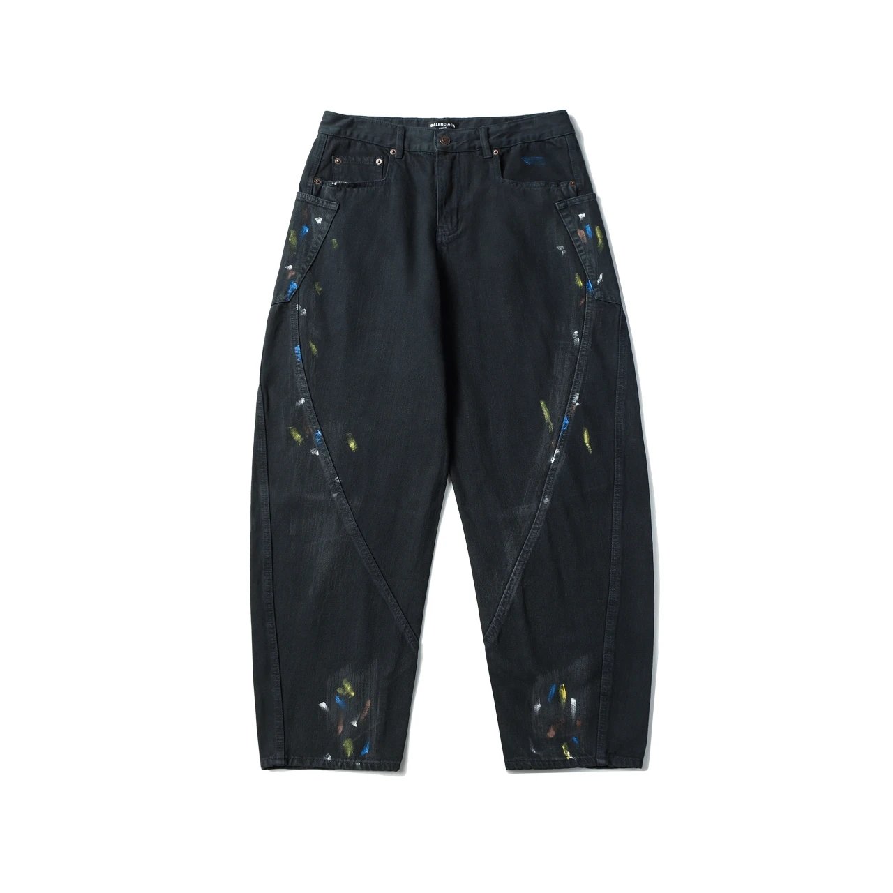 Balenciaga Jeans Hand-Painted Ink Splash Pure Cotton Curved Knife Pants Casual Pants Wide-Leg Pants Loose Jeans Unisex Long Pants24ss Autumn and Winter New Products