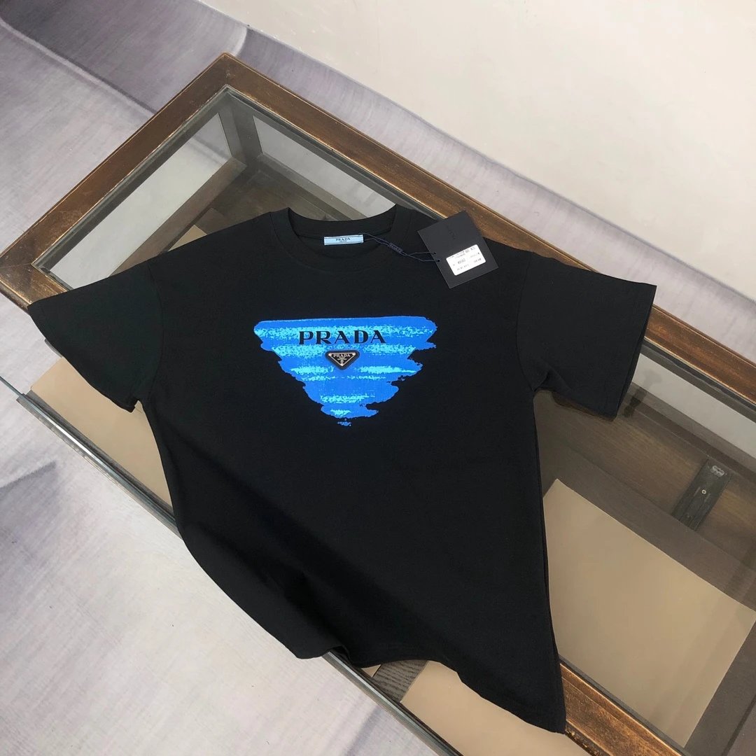 PRADA T-shirt Front Chest Direct Spray Triangle Badge Print logo round Neck Short Sleeve25ss New pure cotton T Unisex T-Shirt OS Loose Fit Base Shirt Top Half Sleeve T-Shirt