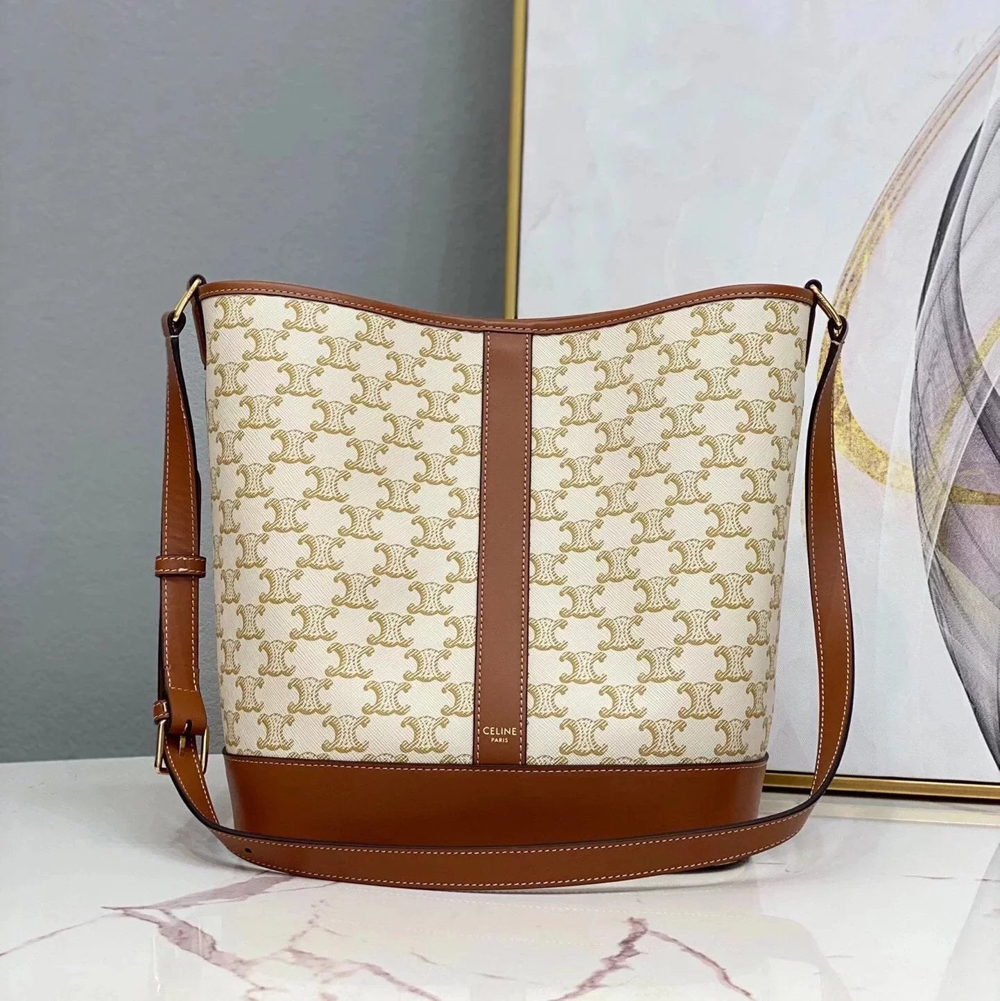 Celine women's bag Top version Home TriompheCanvas Arc De Triomphe Series Bucket Bag Vintage Presbyopic Bucket Bag canvas Bucket Bag Shoulder Crossbody Women's Bag Adjustable Shoulder Strap191442192132New Size Mini Version Retro Patterns100433