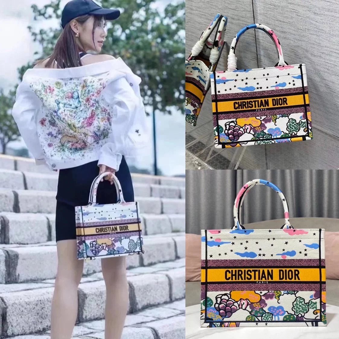 Dior Women's Bag Top version 【Original Leather】2022Brand New booktote Bag Dream Sky Series Shopping Bag New Tote Bag Mummy Bag Beach Bag Vegetable Basket Shopping Bag Large Capacity Bag