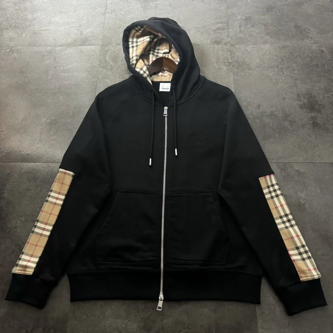 Burberry Hoodie Classic Plaid Patchwork Zipper Hoodie Sweatshirt Jacket Unisex Sports Casual OS Loose fit versatile style