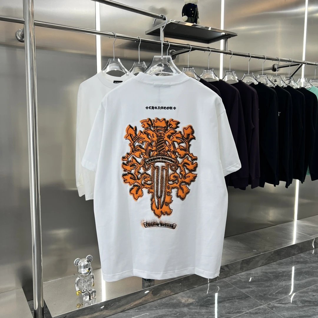 Chrome Hearts T-shirt Large logo Round Neck Short Sleeve Pure Cotton Unisex T Shirt Bottoming Shirt OS Loose Fit T-Shirt