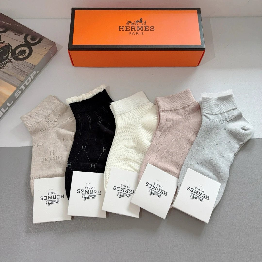 Hermes Sock 【a Box5Double】Classic H Letters logo Breathable Fashion25ss New Short Tube Cotton Socks Spring Summer Autumn Sports Casual Versatile Business Thin Deodorant Sweat-Absorbing