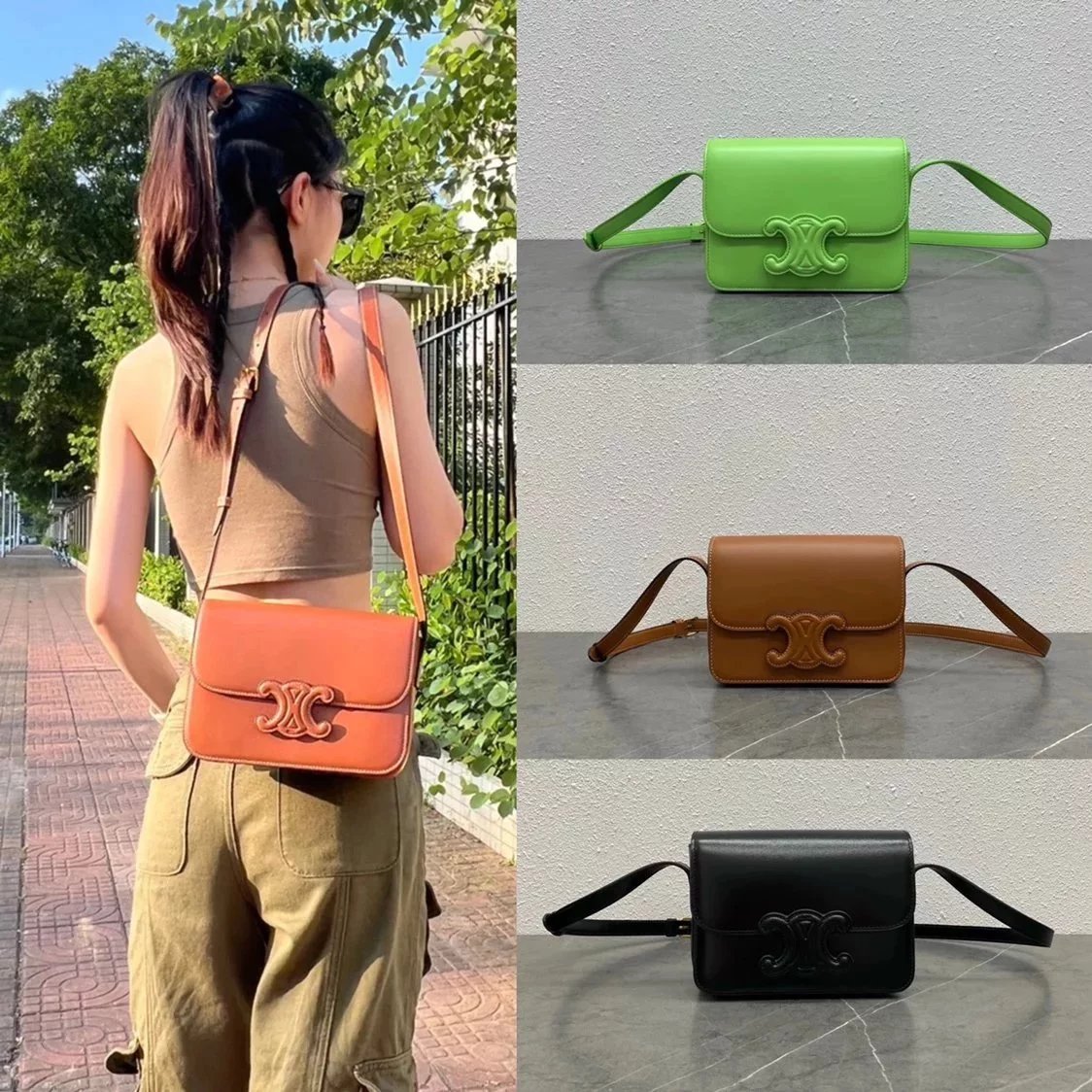 Celine women's bag Top version 【Super Original】Ce Home New Relief Arc De Triomphe Square Bag New Triomphe Arc De Triomphe Bag Crossbody Bag Box Small Square Bag Shoulder Bag Women's Bag199223Medium22cm199233Small Size18cm