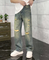 Burberry Jeans Ripped Straight-Leg Washed Blue Jeans Autumn Winter New Unisex Straight-Leg Long Pants Loose Casual Wide-Leg High Waist