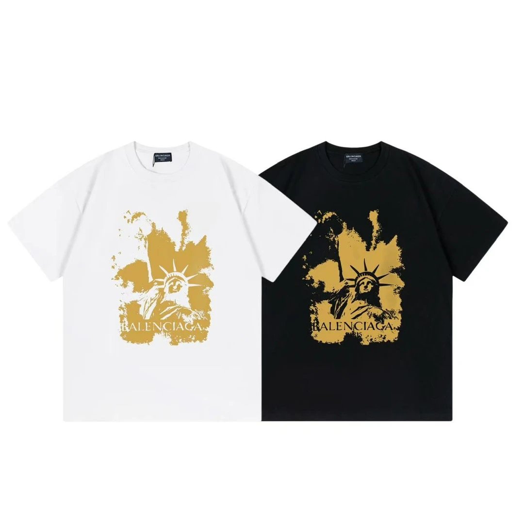 Balenciaga T-shirt Golden Statue of Liberty Letters logo round Neck Short Sleeve25ss New Unisex Pure Cotton T T-shirt OS Loose Fit Base Shirt Top Half Sleeve T-Shirt