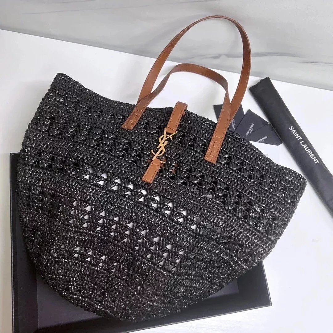 YSL Women's Bag Top version 【New Arrival】Latest Straw Bag SaintLaurentRaffiaTote Bag Shopping Bag Vegetable Basket Raffia Woven Bag Women's Bag Beach Bag Embellished Cowhide Leather Bag Strap and Buckle Bag Body Is Relatively Soft