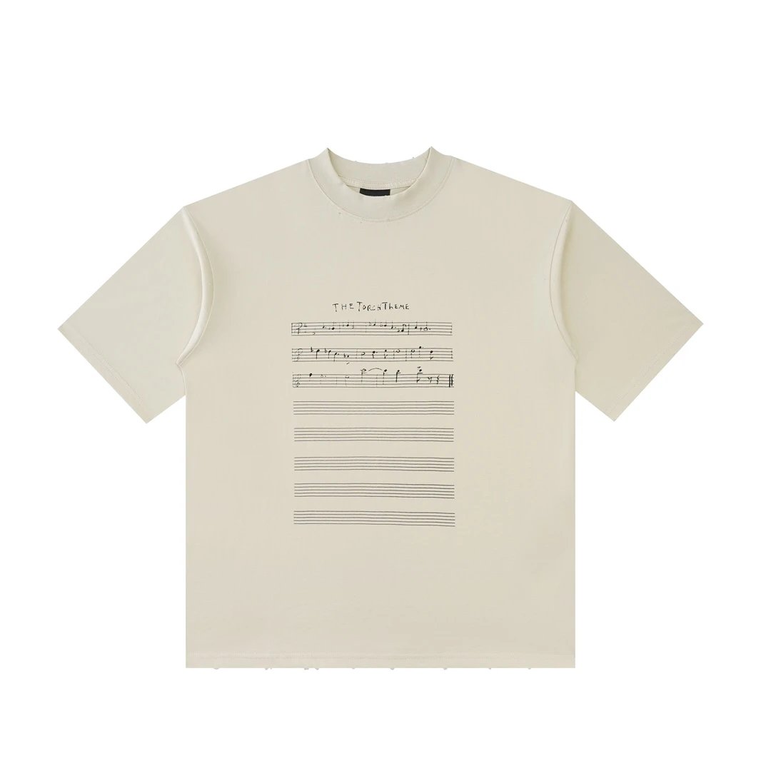 Balenciaga T-shirt Chest Music Note Pattern Print logo round Neck Short Sleeve25ss New Pure Cotton Unisex Style T Casual T-Shirt Base Layer Shirt OS Loose Fit Half Sleeve Top Plus Size