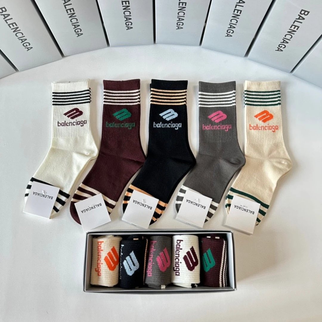 Balenciaga Sock 【a Box5Double】Classic Letters logo Pure Cotton Mid-Length Slouch Socks Breathable Fashionable25ss New Cotton Socks Spring Summer Autumn Sports Casual Versatile Business Thin Deodorant Sweat-Absorbing