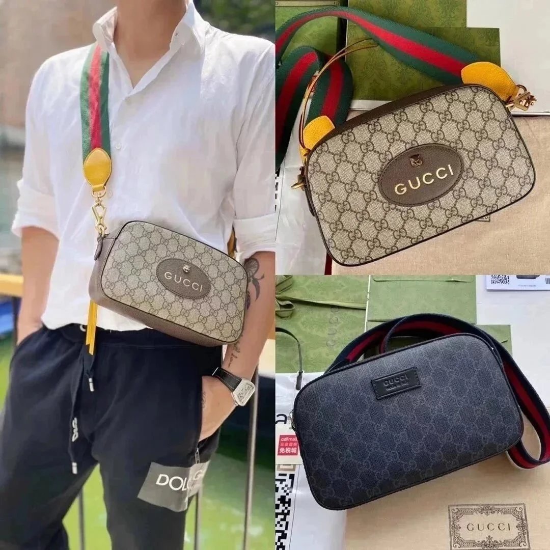 Gucci Men's Bag Top version 【Counter Version Original Leather】Classic Tiger Head Camera Bag Vintage Wide Shoulder Strap Canvas Backpack Camera Bag Shoulder Crossbody Bag Men's and Women's Bags476466