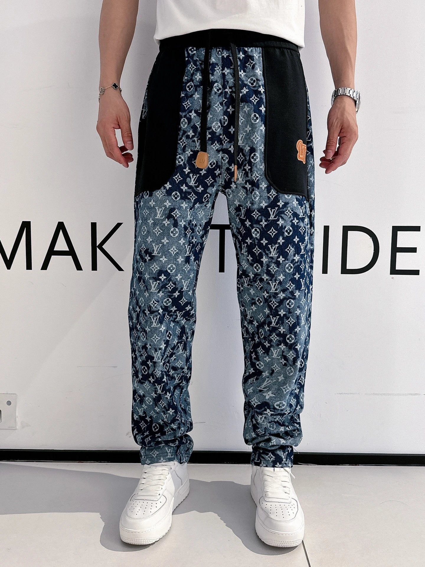 Louis Vuitton LV Jeans Jacquard Denim Patchwork Color Block Straight Washed Blue Jeans Autumn Winter New Unisex Loose Casual Wide Leg High Waist Pants