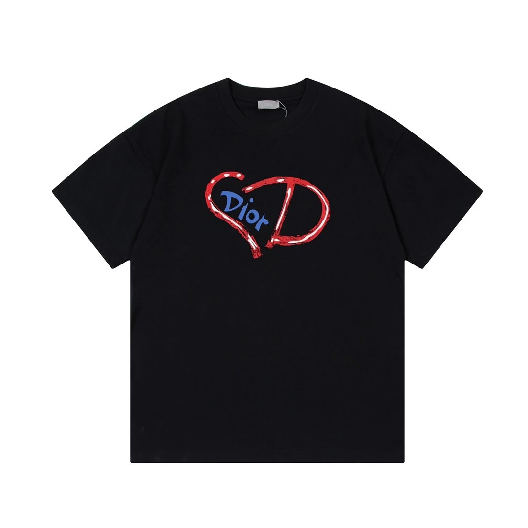 Dior T-shirt Chest CD Alphabet Doodle Heart Print logo round Neck Short Sleeve25ss New Pure Cotton Unisex Style T Casual T-Shirt Base Layer Shirt OS Loose Fit Half Sleeve Top Plus Size