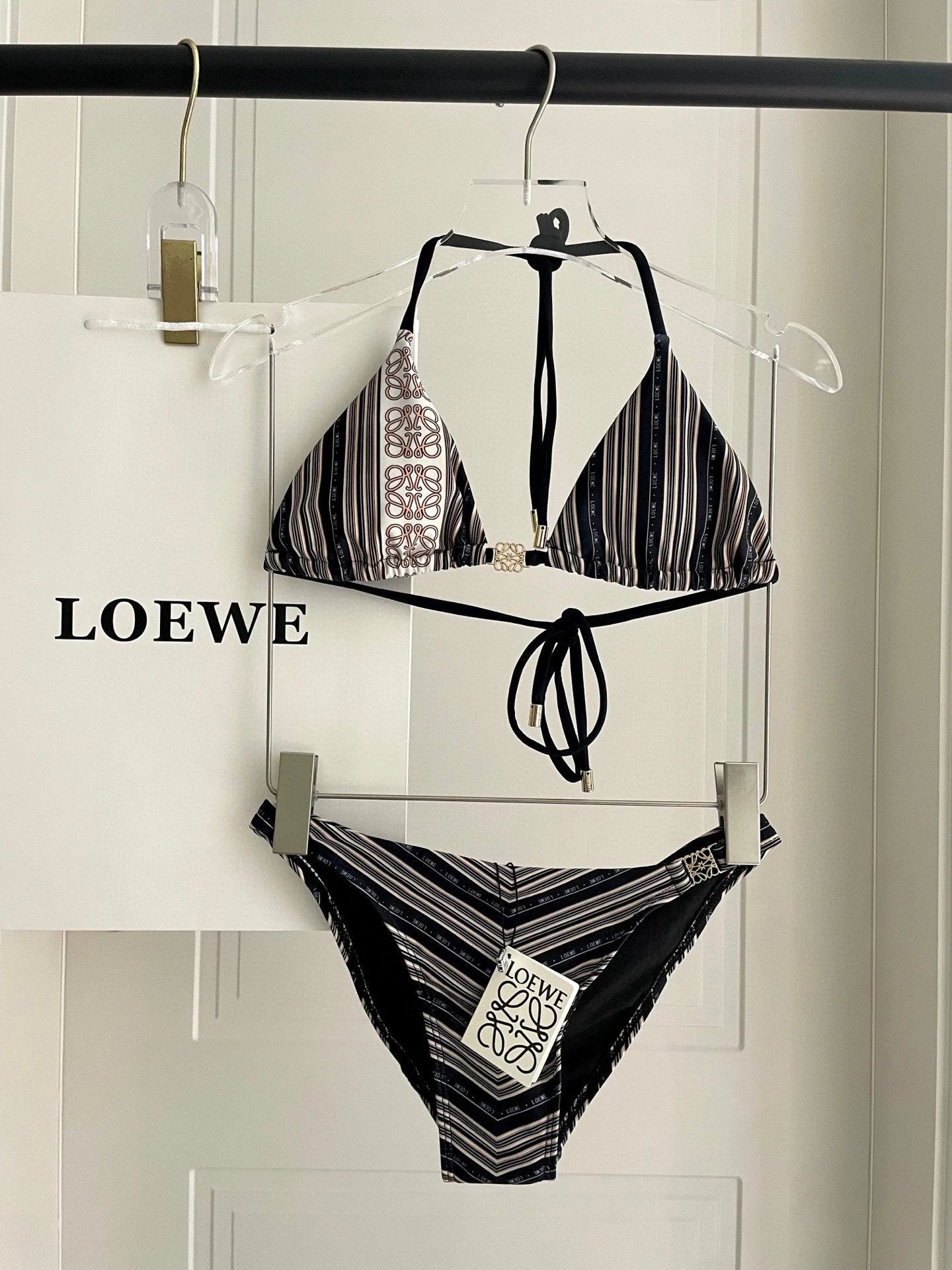 LOEWE Swimsuit Full Print Striped Pattern Bikini Two-Piece Swimsuit Sexy Beach Pool Vacation Hot Spring Small Chest Gathered Backless White Women's Swimwear