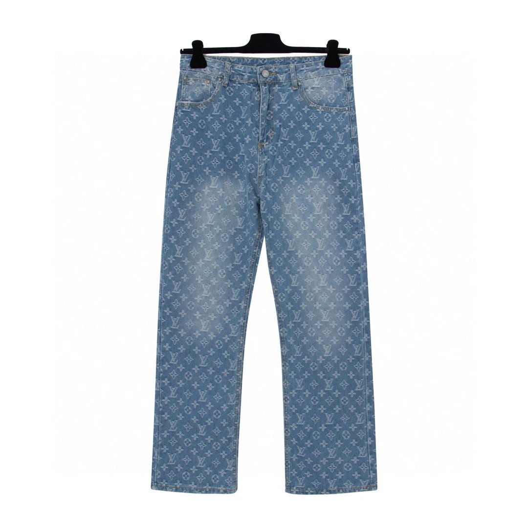 Louis Vuitton LV Jeans Printed with Old Flowers logo25ss Spring Summer New Straight Leg Jeans Unisex Slim Fit Long Pants Loose