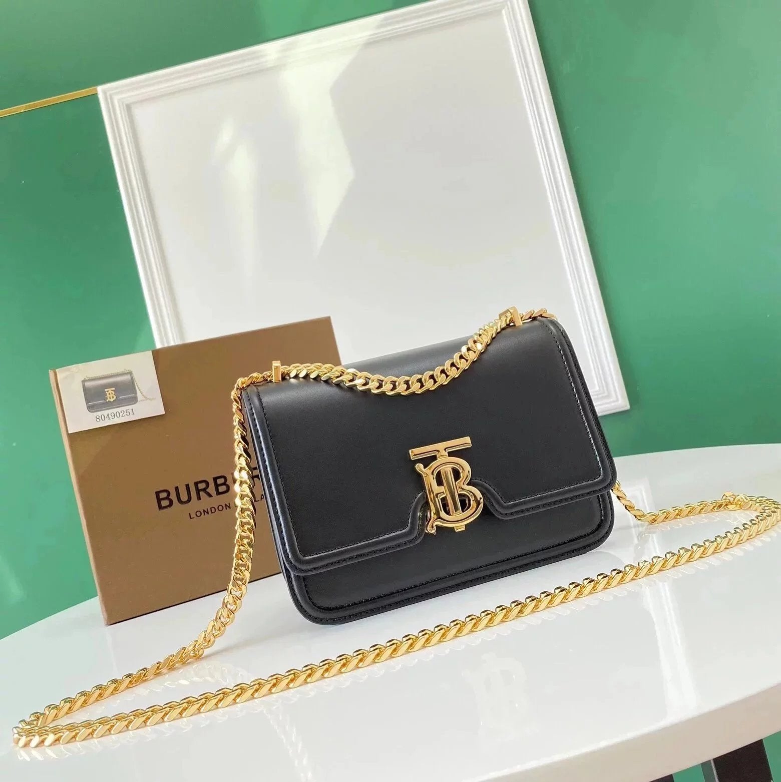 Burberry Women's Bag Top version 【Genuine Goods Original Leather】2022New TB Exclusive Logo Twist Lock Bag Chain Bag box Square Bag Women's Cow Leather Bag Crossbody Bag
