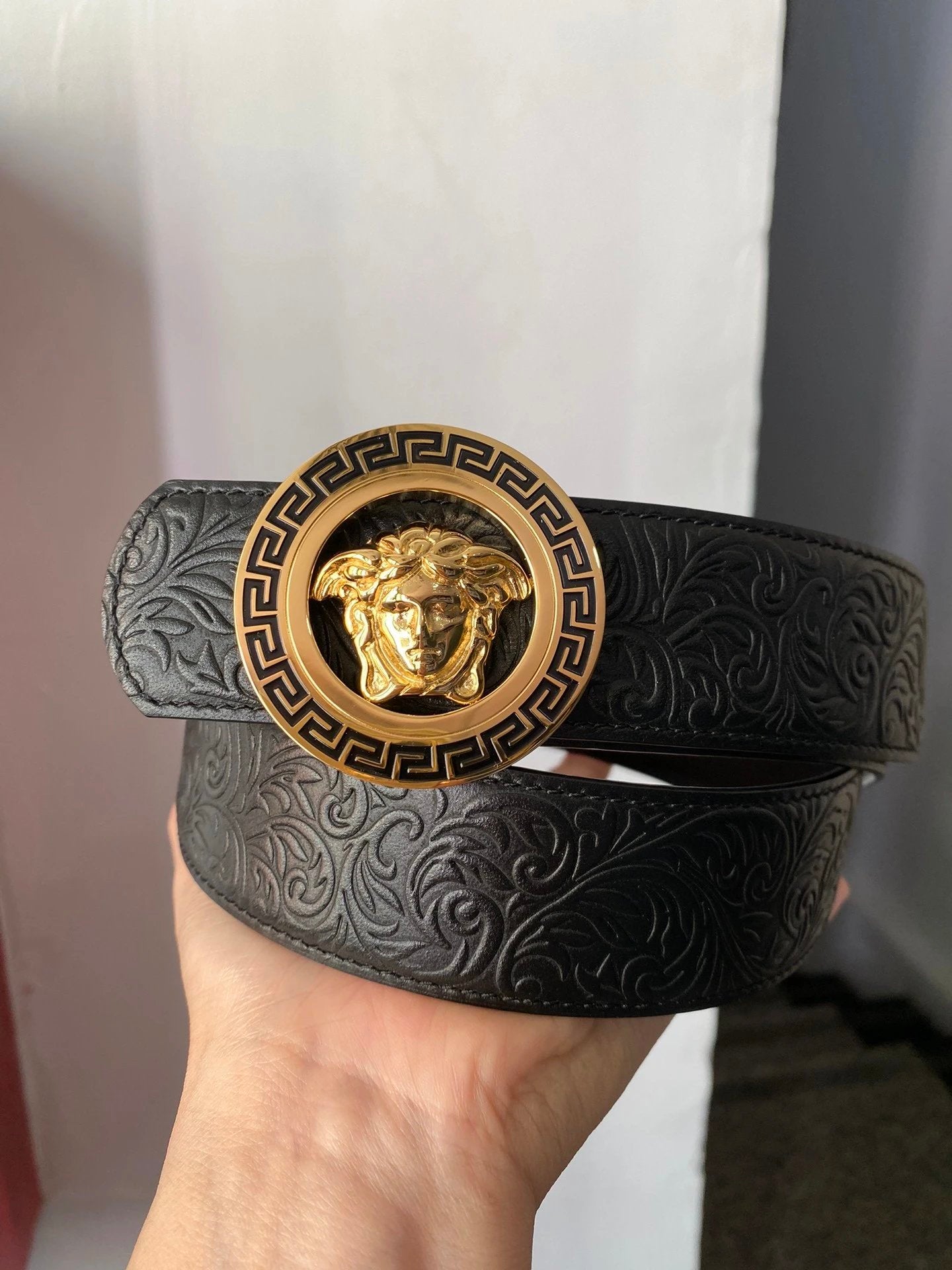 VERSACE Belt Top version 【Counter Original Factory】Original Men's Leather Belt Width3.8cm Genuine Goods Quality Double-Sided Imported First Layer Cowhide Full Grain Original Cowhide Boutique Color Buckle Double-Sided Available Genuine Steel Seal logo Men'