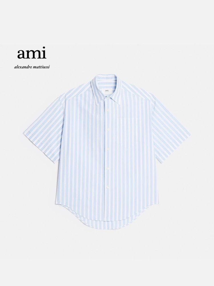 Ami T-shirt Top Version Men's and Women's Same Spring and Summer New Designer Model Cotton Striped Short Sleeve Shirt