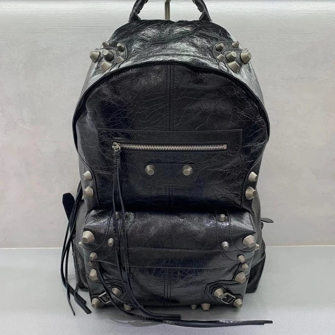 Balenciaga Bag Top version 【Ceiling Grade Original Leather Cabinet Version】24New Graffiti Studded Backpack Men's Backpack Hiking Backpack Men's Backpack New Rivets Motorcycle Backpack Motorcycle Backpack Motorcycle Bag Men