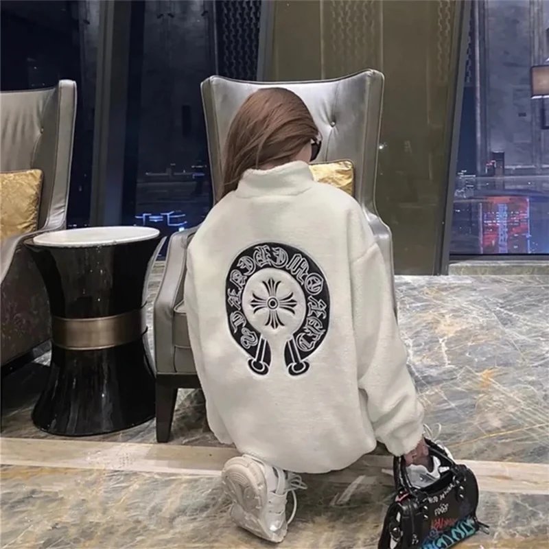 Chrome Hearts Jackets Top Version Autumn and Winter New Fashion Brand Embroidered Cross Leather Patchwork Lamb Wool Coat Men's and Women's Loose Thickening Keep Warm Jacket Top