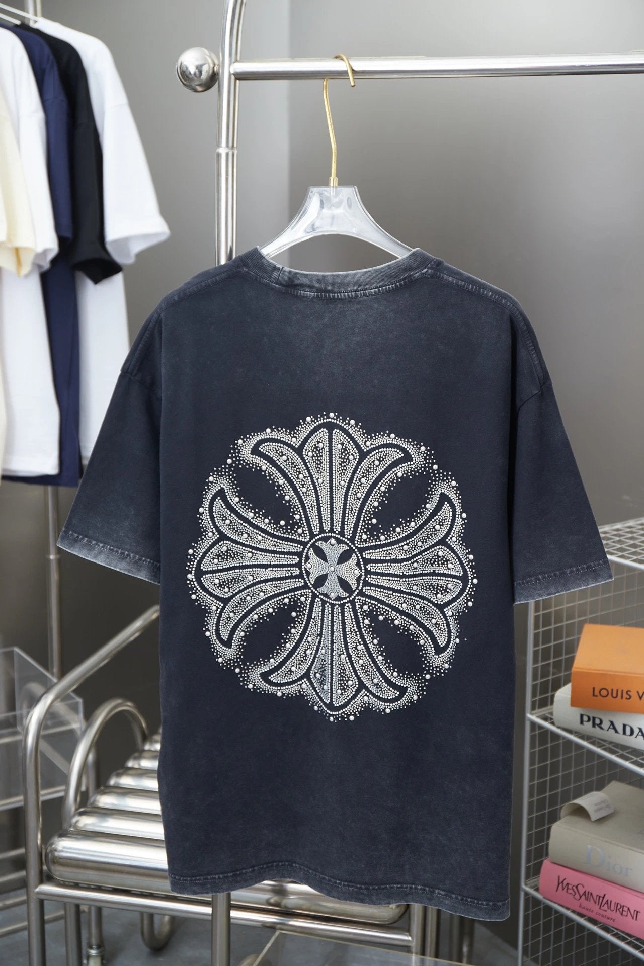 Chrome Hearts T-shirt Early Spring New Style Horseshoe Rhinestone Short Sleeve Round Neck Short Sleeve25ss New Pure Cotton Unisex Style T T-shirt OS Loose Fit Base Shirt Short Sleeve Top T-Shirt