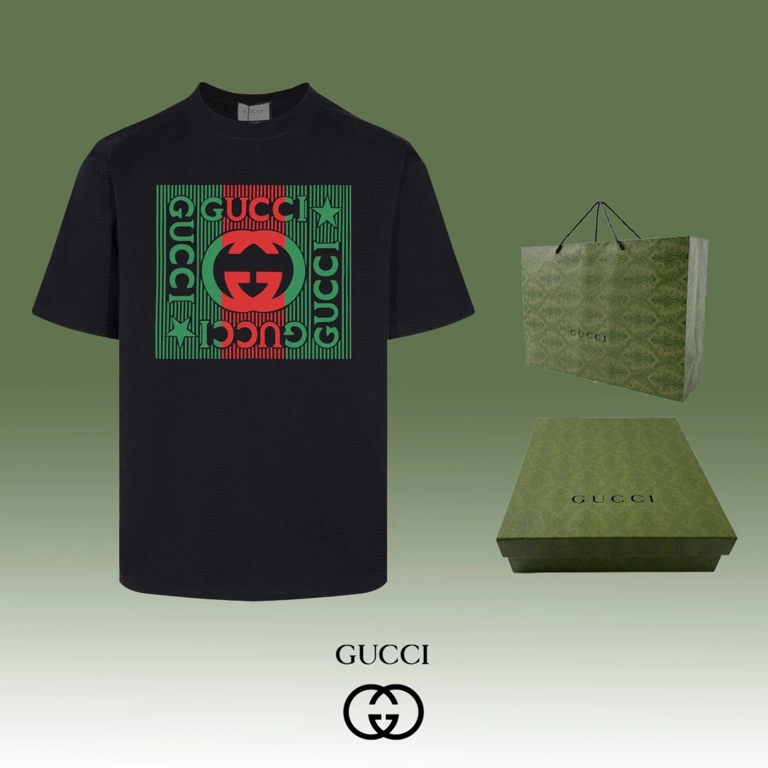 Gucci T-shirt Front Color-Block Letter and Star Pattern Print logo round Neck Short Sleeve25ss New Pure Cotton Unisex Style T T-shirt OS Loose Fit Base Shirt Top Half Sleeve T-Shirt